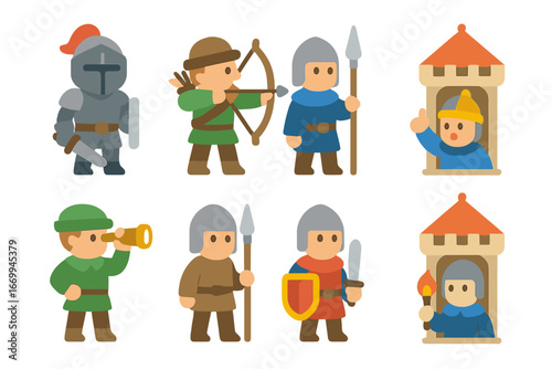 Children's Guard Icons. Flat vector mini-illustrations defense tower guards in colors children's illustrations: armored knight,