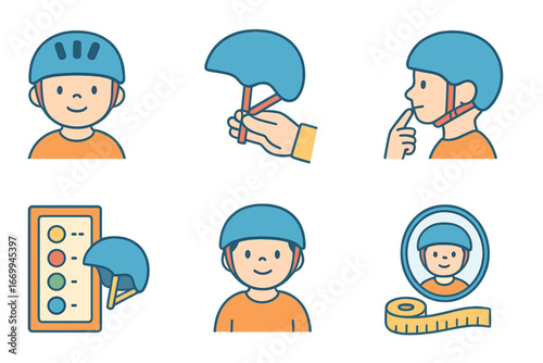Children's Helmet Safety Icons. Flat vector mini-illustrations helmet fit test in colors children's illustrations: helmet on head,