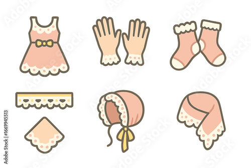 Children's Lace Fashion Icons. Flat vector mini-illustrations lace in fashion in colors children's illustrations: lace dress, lace