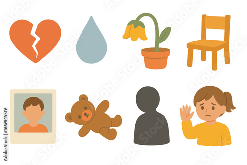 Children's Loss Illustrations. Flat vector mini-illustrations loss and grief in colors children's illustrations: broken heart,