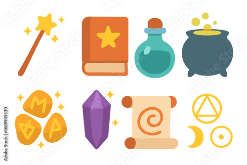 Children's Magic Icons. Flat vector mini-illustrations curse and spells in colors children's illustrations: magic wand, spell book
