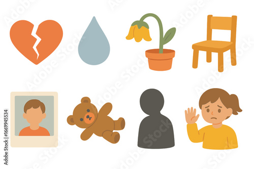 Children's Loss Illustrations. Flat vector mini-illustrations loss and grief in colors children's illustrations: broken heart,