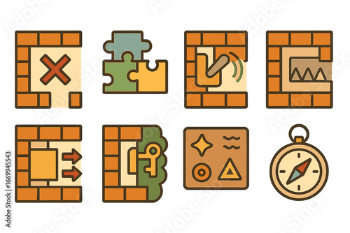 Children's Maze Icons. Flat vector mini-illustrations labyrinth challenges in colors children's illustrations: dead ends, puzzles,
