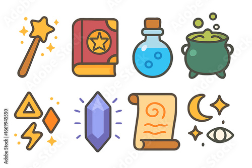 Children's Magic Icons. Flat vector mini-illustrations curse and spells in colors children's illustrations: magic wand, spell book