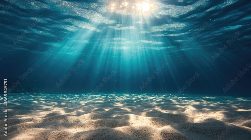 Fototapeta premium Sunlight beams underwater, sandy bottom (6)