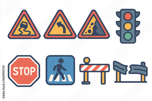 Children's Road Sign Icons. Flat vector mini-illustrations road hazard in colors children's illustrations: slippery road sign,