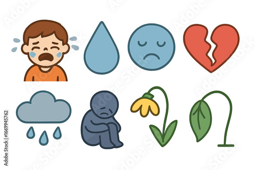 Children's Sadness Icons. Flat vector mini-illustrations sadness emotions in colors children's illustrations: crying child,