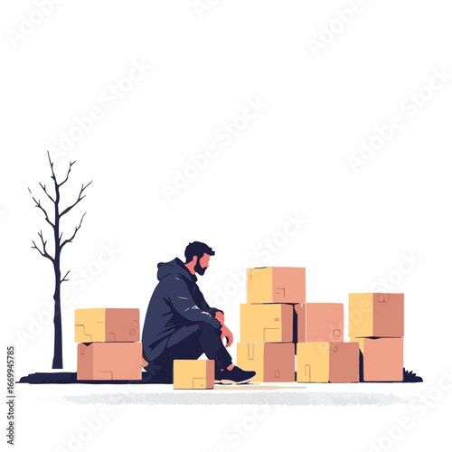 Refugee with boxes in urban area