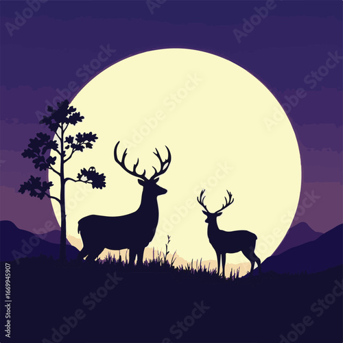 Deer silhouettes under full moon light