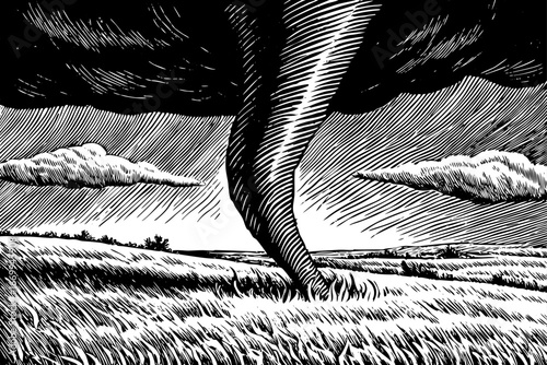 Small tornado twisting across wide grassland plains, dynamic natural scene captured in black and white sketch.