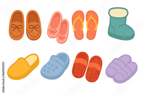 Children's Slipper Varieties. Flat vector mini-illustrations slipper types in colors children's illustrations: moccasin slippers,