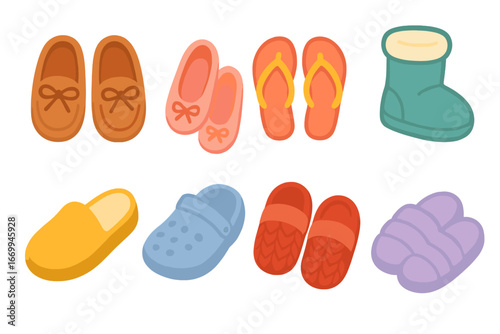 Children's Slipper Varieties. Flat vector mini-illustrations slipper types in colors children's illustrations: moccasin slippers,