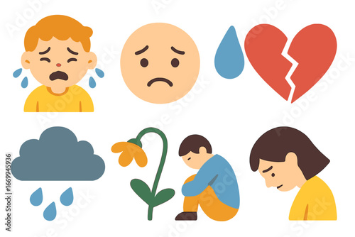 Children's Sorrow Icons. Flat vector mini-illustrations sorrow emotions in colors children's illustrations: crying child, sad face