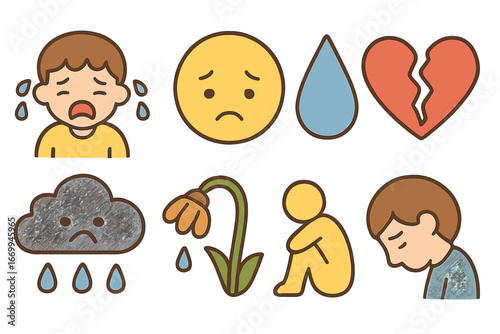 Children's Sorrow Icons. Flat vector mini-illustrations sorrow emotions in colors children's illustrations: crying child, sad face