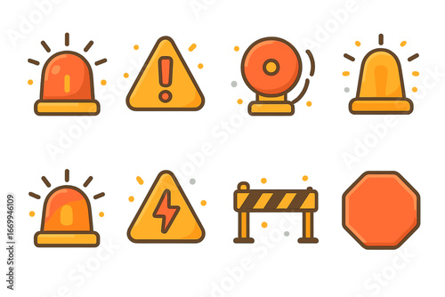 Children's Warning Icons. Flat vector mini-illustrations alert icons in colors children's illustrations: siren light, flashing