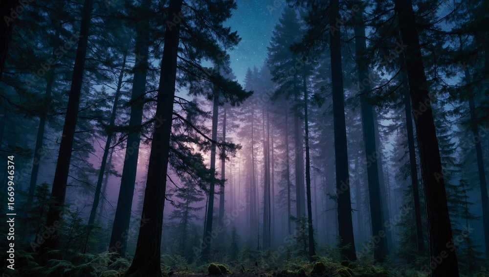 Obraz premium Vibrant forestal landscape with black pine trees silhouettes against purple and blue night sky. 
