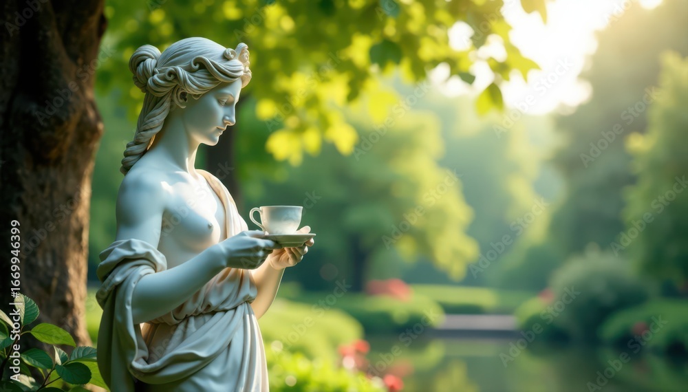 Fototapeta premium Classical sculpture holds delicate teacup; lush foliage frames serene scene , nature, vintage