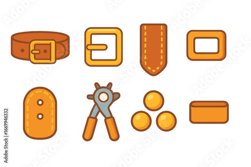 Colorful Belt Icons. Flat vector mini-illustrations belt accessories in colors children's illustrations: leather belt, metal