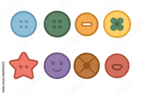 Colorful Button Grid. Flat vector mini-illustrations button uses in colors children's illustrations: shirt buttons, coat buttons,