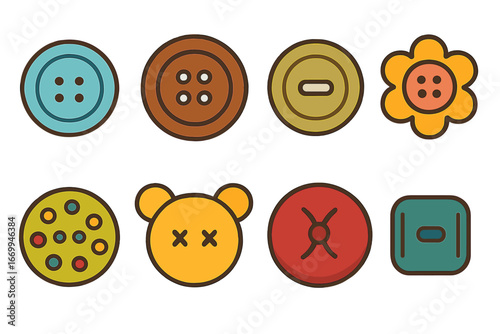 Colorful Button Grid. Flat vector mini-illustrations button uses in colors children's illustrations: shirt buttons, coat buttons,