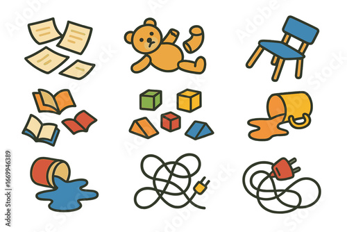 Colorful Chaos Grid. Flat vector mini-illustrations chaos scenes in colors children's illustrations: scattered papers, broken toys