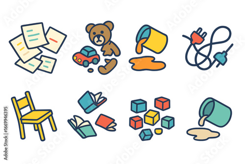 Colorful Chaos Grid. Flat vector mini-illustrations chaos scenes in colors children's illustrations: scattered papers, broken toys