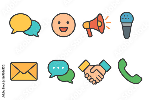 Colorful Communication Icons. Flat vector mini-illustrations communication in colors children's illustrations: speech bubbles,