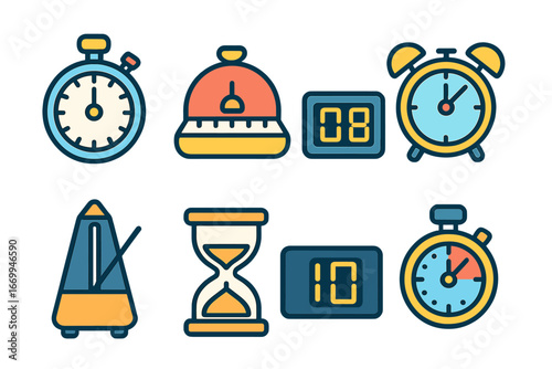 Colorful Countdown Gadgets. Flat vector mini-illustrations ticking countdown gadgets in colors children's illustrations: stopwatch