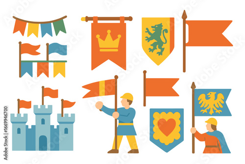 Colorful Flags and Heraldry. Flat vector mini-illustrations fortress flags and banners in colors children's illustrations: