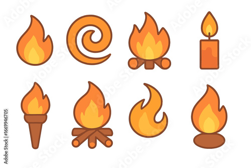 Colorful Flame Icons. Flat vector mini-illustrations flame shapes in colors children's illustrations: flickering flame, spiral