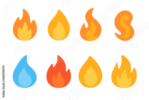 Colorful Flame Icons. Flat vector mini-illustrations flame shapes and styles in colors children's illustrations: flickering flame,