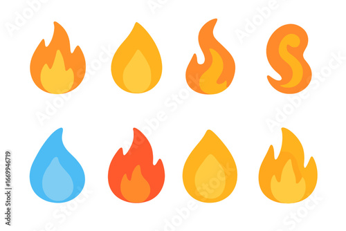 Colorful Flame Icons. Flat vector mini-illustrations flame shapes and styles in colors children's illustrations: flickering flame,