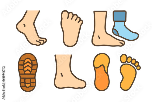 Colorful Foot Illustrations. Flat vector mini-illustrations feet and toes in colors children's illustrations: walking foot,