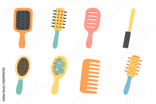Colorful Hairbrush Icons. Flat vector mini-illustrations hairbrush types in colors children's illustrations: paddle brush, round