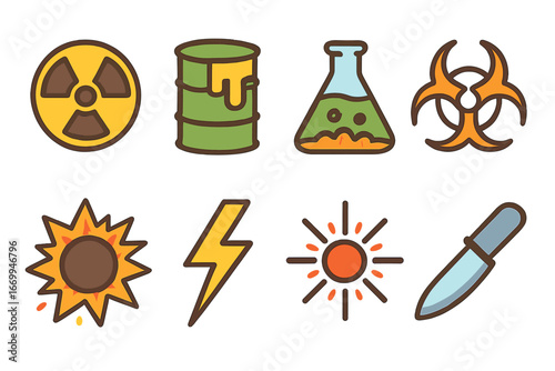 Colorful Hazard Symbols. Flat vector mini-illustrations hazard symbols in colors children's illustrations: radioactive material,