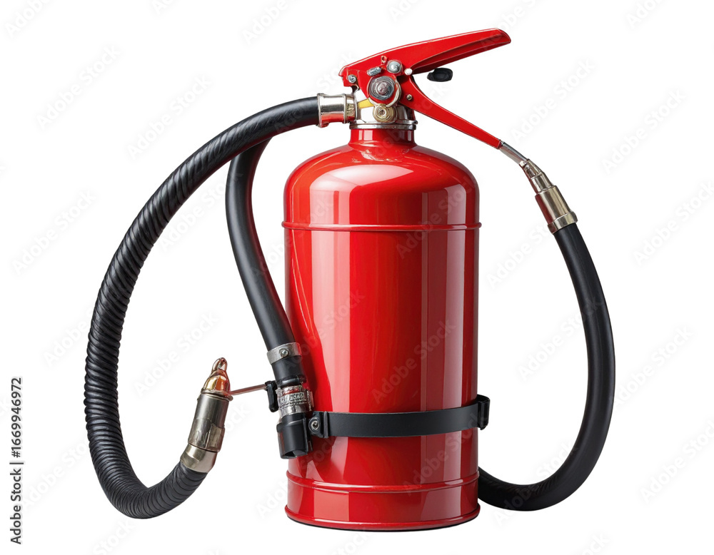 Naklejka premium Modern Fire Safety Extinguisher Red with Black Nozzle Transparent Background