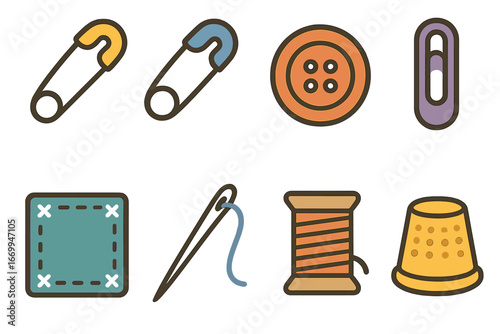Colorful Sewing Icons. Flat vector mini-illustrations safety pin in colors children's illustrations: open pin, closed pin, button