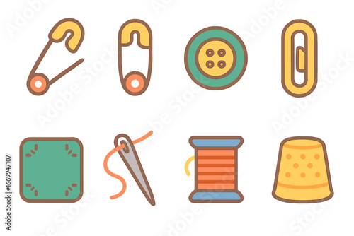 Colorful Sewing Icons. Flat vector mini-illustrations safety pin in colors children's illustrations: open pin, closed pin, button
