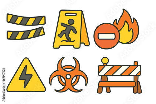 Colorful Safety Icons. Flat vector mini-illustrations warning signs in colors children's illustrations: caution tape, slippery