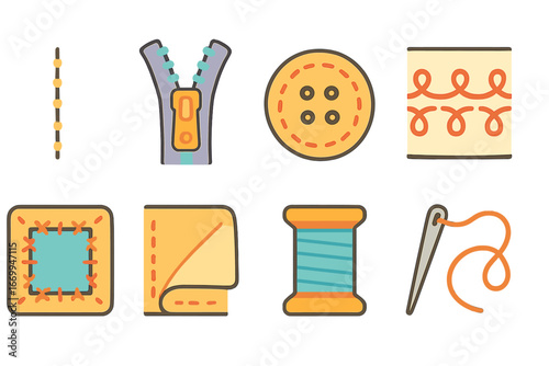 Colorful Sewing Icons. Flat vector mini-illustrations seam in colors children's illustrations: stitched seam, zipper seam, button