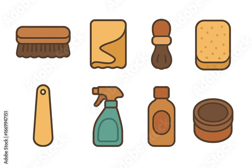 Colorful Shoe Care Tools. Flat vector mini-illustrations shoe care tools in colors children's illustrations: shoe brush, polishing