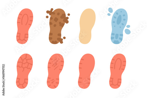 Colorful Shoe Prints. Flat vector mini-illustrations left shoe prints in colors children's illustrations: left footprint, muddy