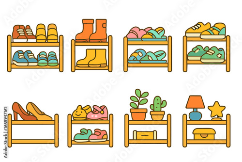 Colorful Shoe Rack. Flat vector mini-illustrations shoe rack organization in colors children's illustrations: neatly arranged