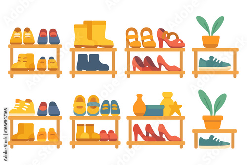 Colorful Shoe Rack. Flat vector mini-illustrations shoe rack organization in colors children's illustrations: neatly arranged