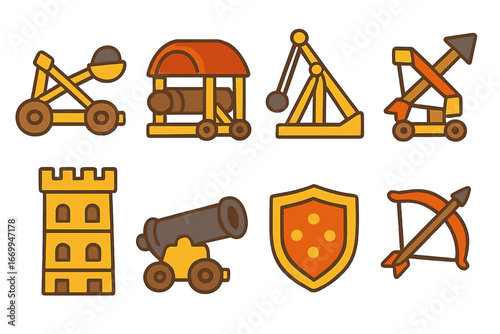 Colorful Siege Weapon Icons. Flat vector mini-illustrations siege weapons in colors children's illustrations: catapult, battering