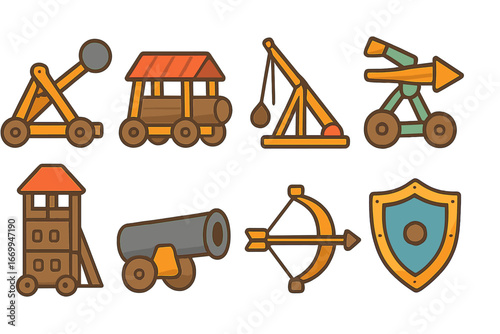Colorful Siege Weapon Icons. Flat vector mini-illustrations siege weapons in colors children's illustrations: catapult, battering