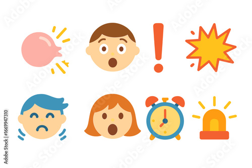 Colorful Surprise Icons. Flat vector mini-illustrations surprise shock in colors children's illustrations: popping bubble,