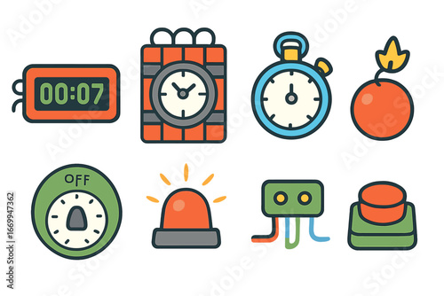 Colorful Timer Icons. Flat vector mini-illustrations timer detonators in colors children's illustrations: digital countdown,