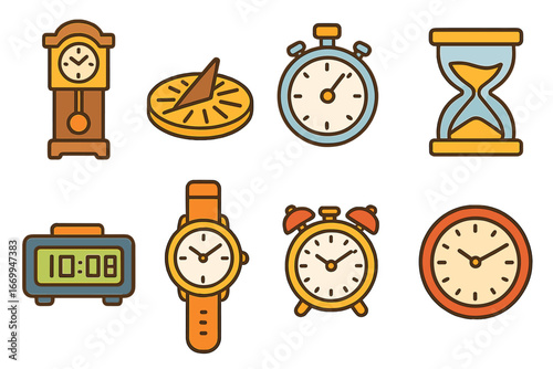 Colorful Timepiece Icons. Flat vector mini-illustrations timepieces in colors children's illustrations: grandfather clock, sundial