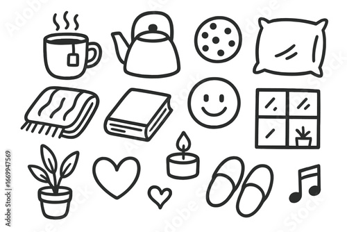 Cozy Comfort Icons. Hand-drawn doodle illustration comfort warm drink cup, steam, tea bag, coffee pot, cookie, blanket, book,